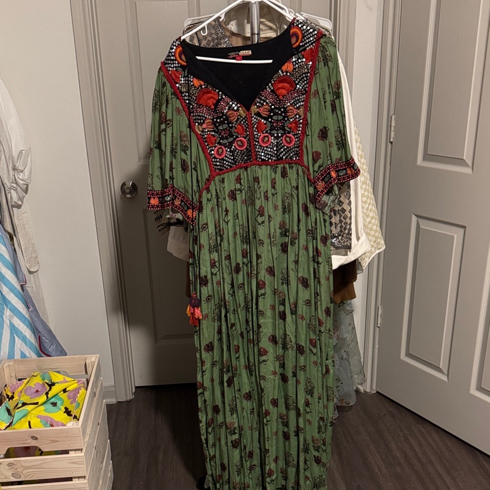 Anthropologie Green Maxi Dress with Red Embroidery